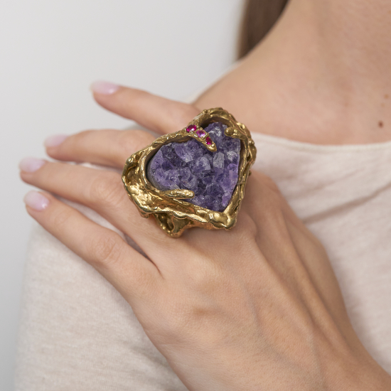 Кольцо Ulya Hashem Heart, ювелирный сплав, аметист, красные фианиты